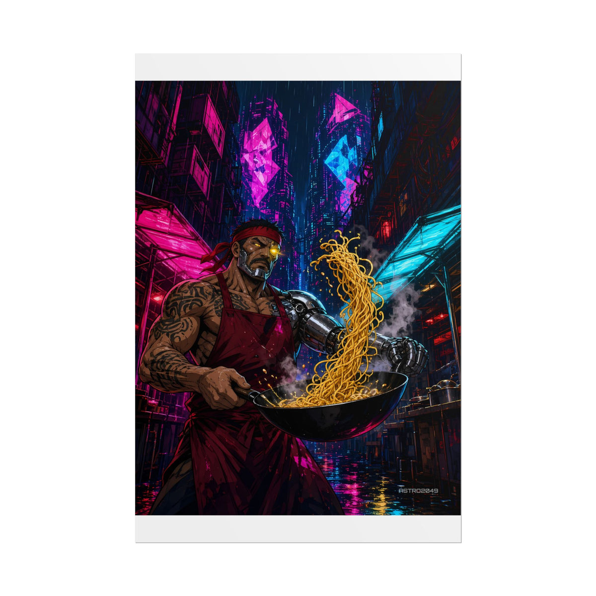 Vertical anime-style art of a cyborg street cook tossing a golden arc of noodles from a wok in a neon alley, poster by ASTRO2049