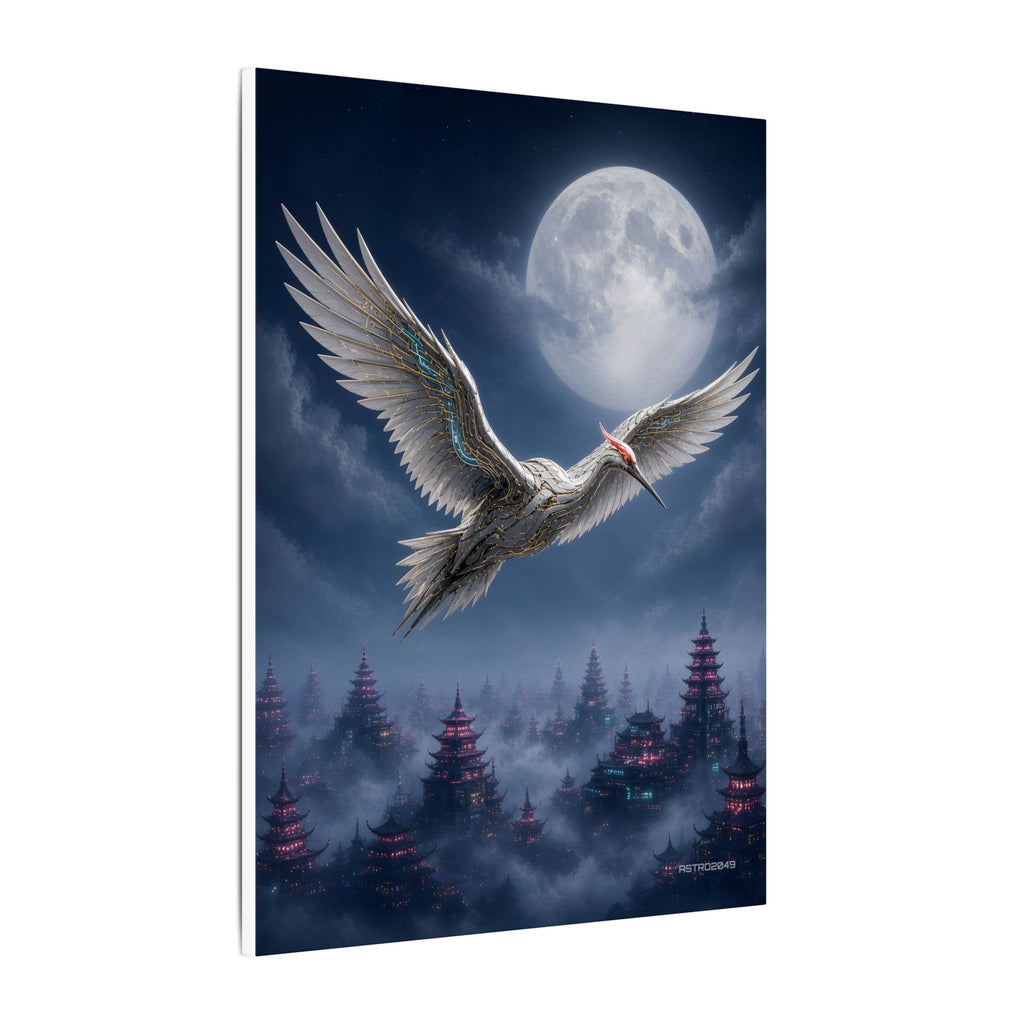 Moon Circuit Crane canvas hanging above a dark gaming desk with neon lighting, view 3 of 8