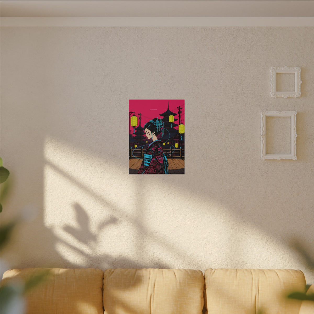 Lantern Bridge Geisha canvas hanging above a dark gaming desk with neon lighting, view 4 of 8