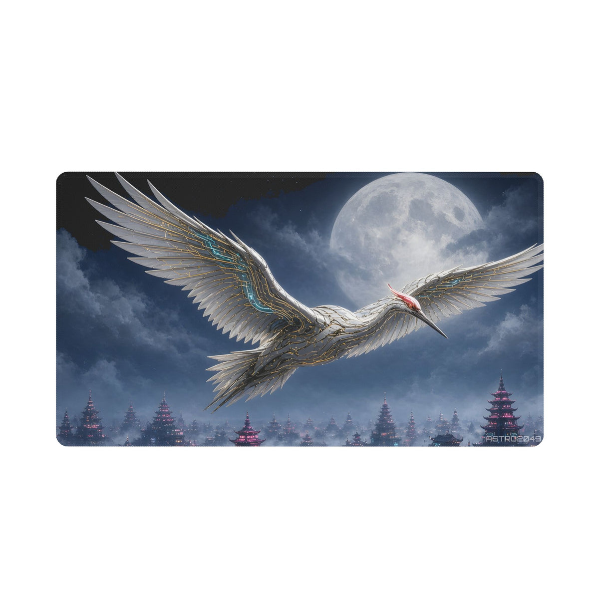 Biomechanical white crane with gold and cyan circuit feathers flying past a silver full moon over a misty neon pagoda city, desk mat by ASTRO2049