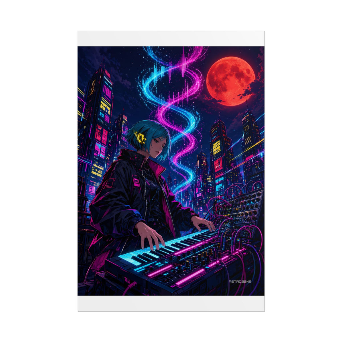 Vertical anime-style art of a musician at a glowing synthesizer with spiralling neon sound waves and a red moon above the city, poster by ASTRO2049