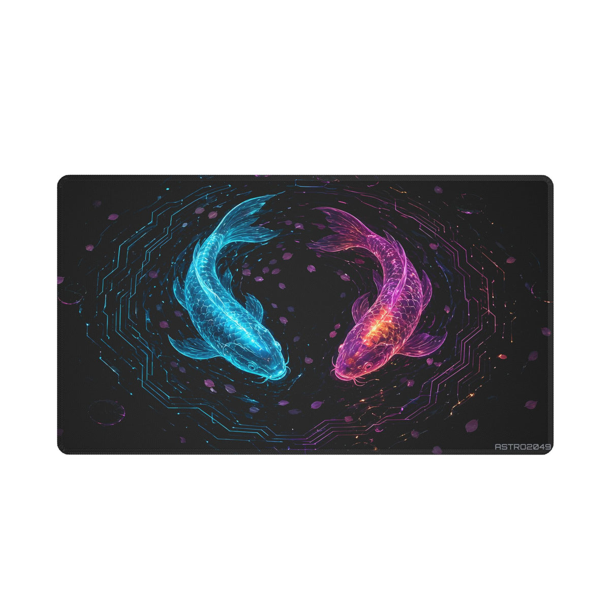 Circuit Koi stitched edge desk mat, 24 x 14 in – two glowing cyber koi circling in a dark circuit pond, original cyberpunk art by ASTRO2049
