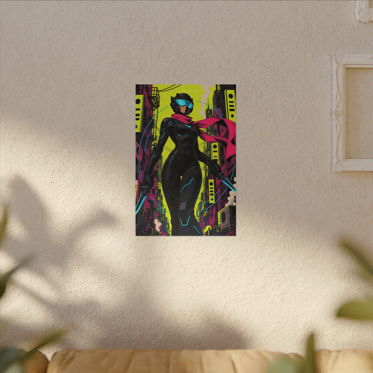 Vex Neon Ninja canvas hanging above a dark gaming desk with neon lighting, view 7 of 8