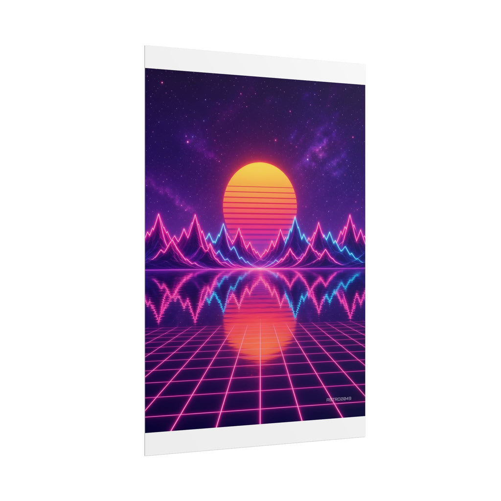 Waveform Sunset poster hanging above a dark gaming desk with neon lighting, view 4 of 8