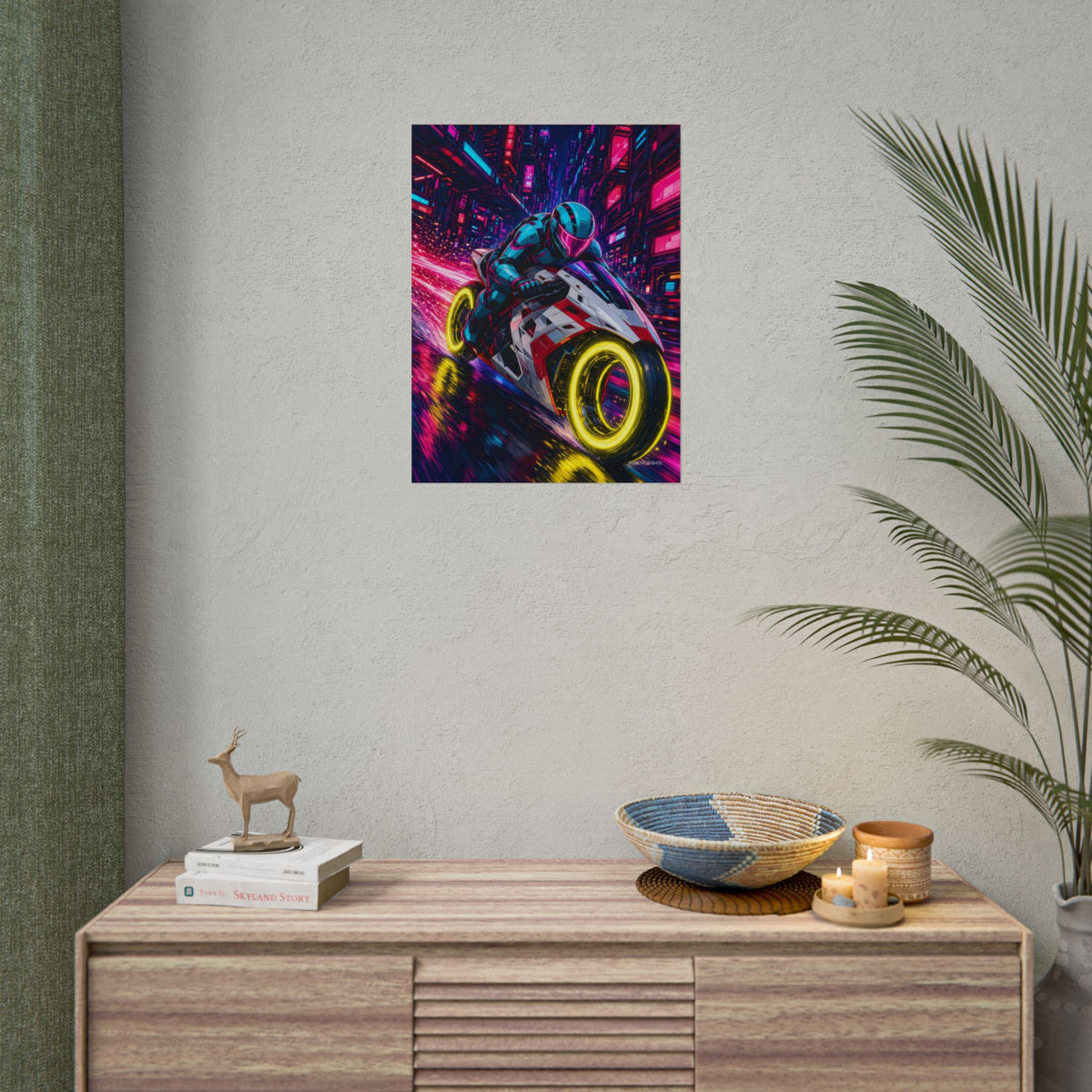 Hyperlane Rider poster hanging above a dark gaming desk with neon lighting, view 8 of 8