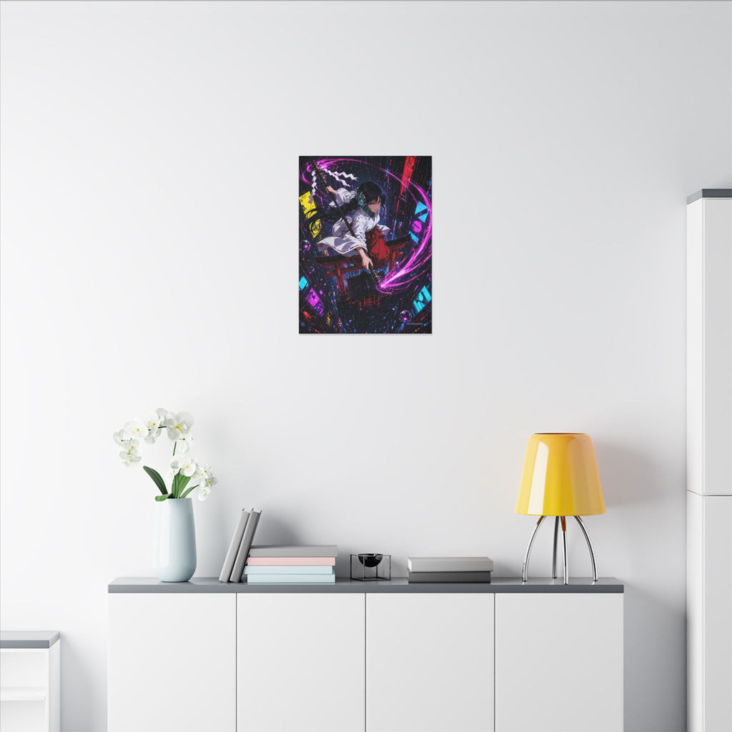 Neon Shrine Maiden canvas hanging above a dark gaming desk with neon lighting, view 5 of 8