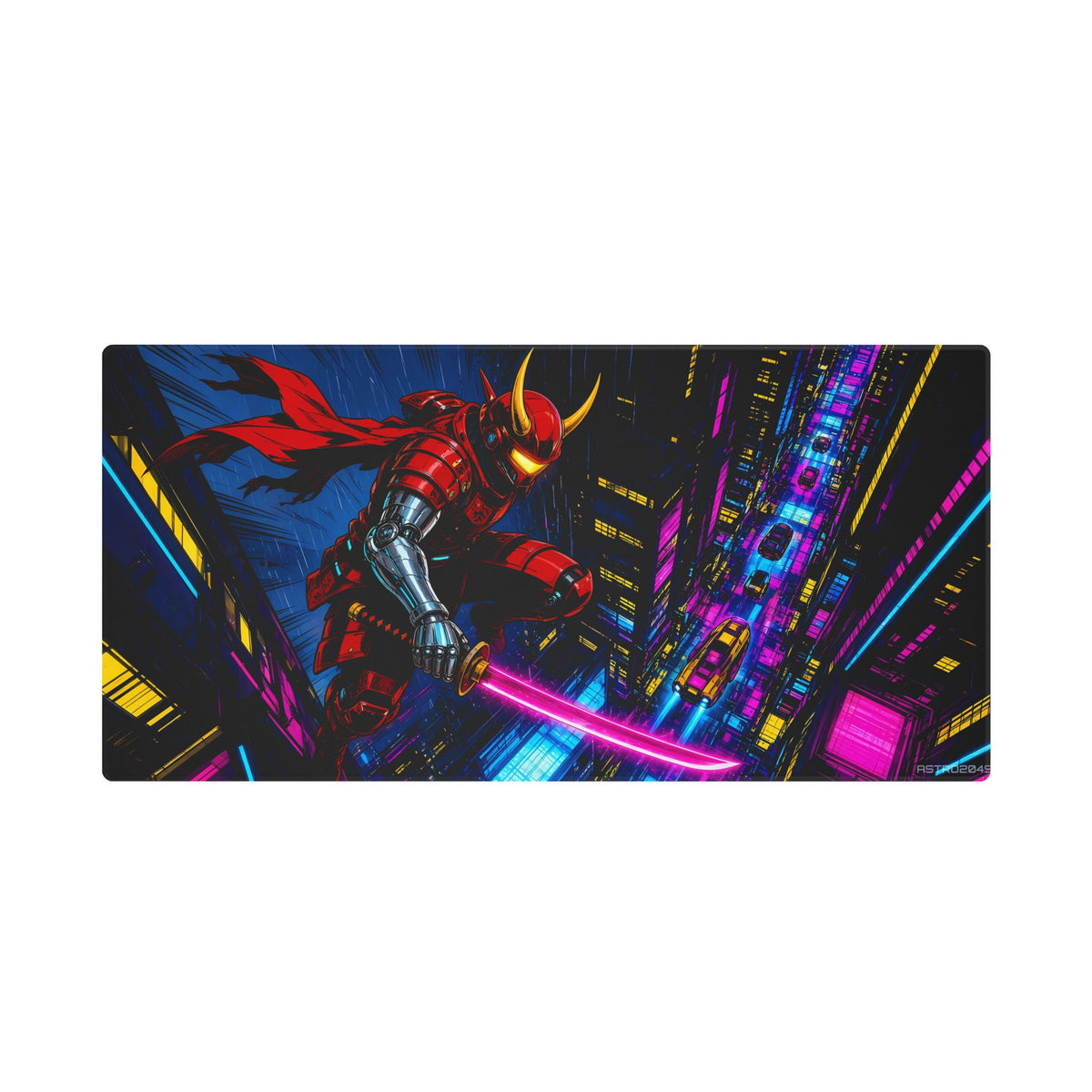 Skyfall Chrome Samurai desk mat under a keyboard and mouse in a dark neon gaming setup – 48 x 24 in
