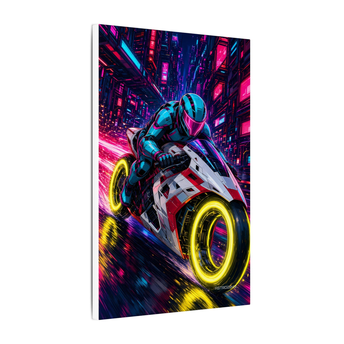 Hyperlane Rider canvas hanging above a dark gaming desk with neon lighting, view 6 of 8