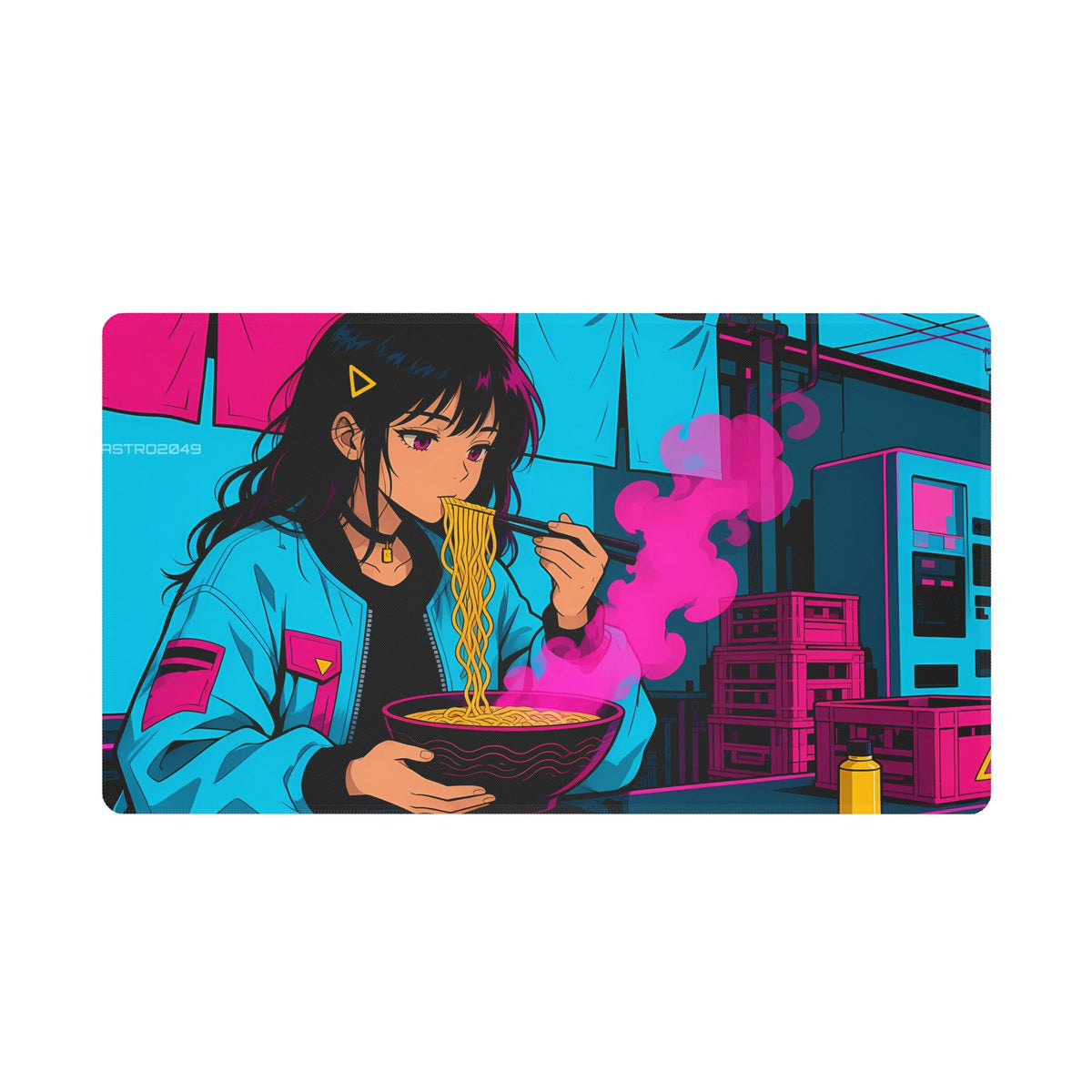Anime-style girl in a cyan jacket slurping ramen at a neon street stall with pink steam, noren curtains and a vending machine, desk mat by ASTRO2049