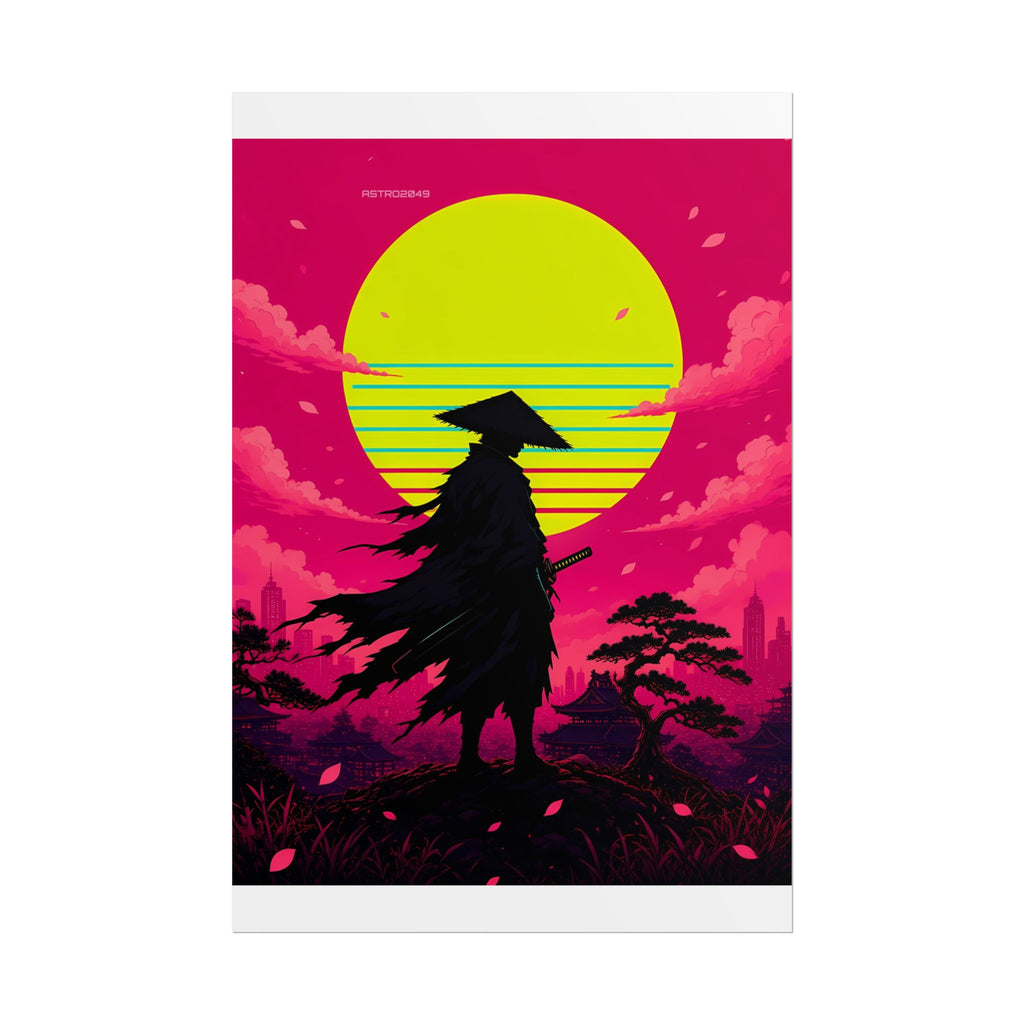 Vertical anime-style art of a lone ronin silhouette with a straw hat before a huge yellow sun with cyan stripes on a magenta sky, poster by ASTRO2049