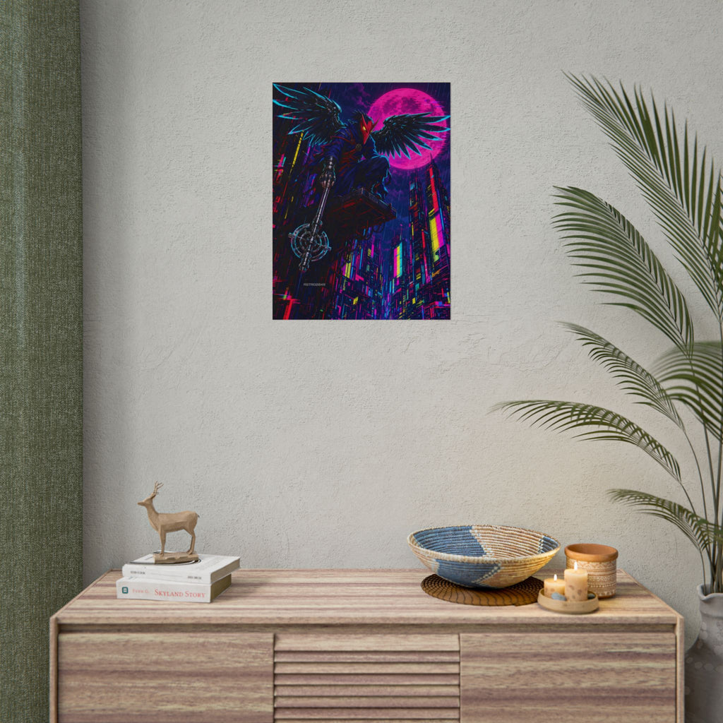Chrome Tengu Sentinel poster hanging above a dark gaming desk with neon lighting, view 8 of 8