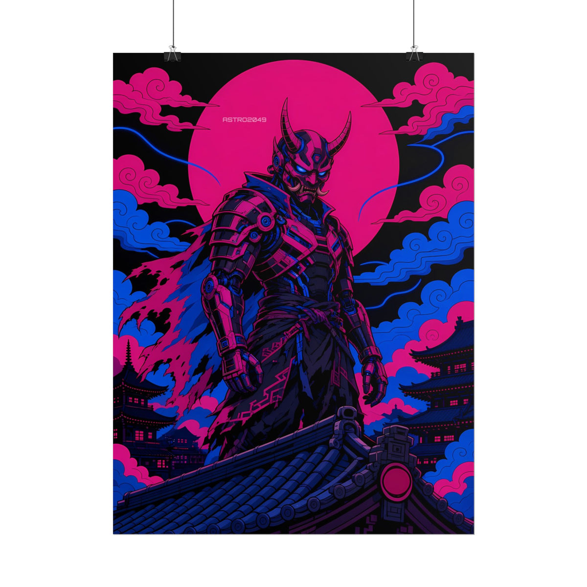 Temple Roof Oni Warlord poster hanging above a dark gaming desk with neon lighting, view 6 of 8