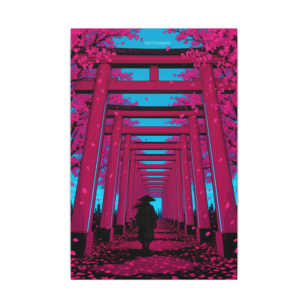 Torii Tunnel Samurai canvas hanging above a dark gaming desk with neon lighting, view 2 of 8