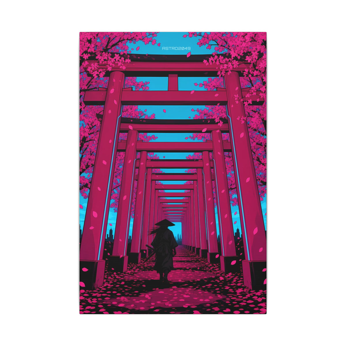 Torii Tunnel Samurai canvas hanging above a dark gaming desk with neon lighting, view 2 of 8