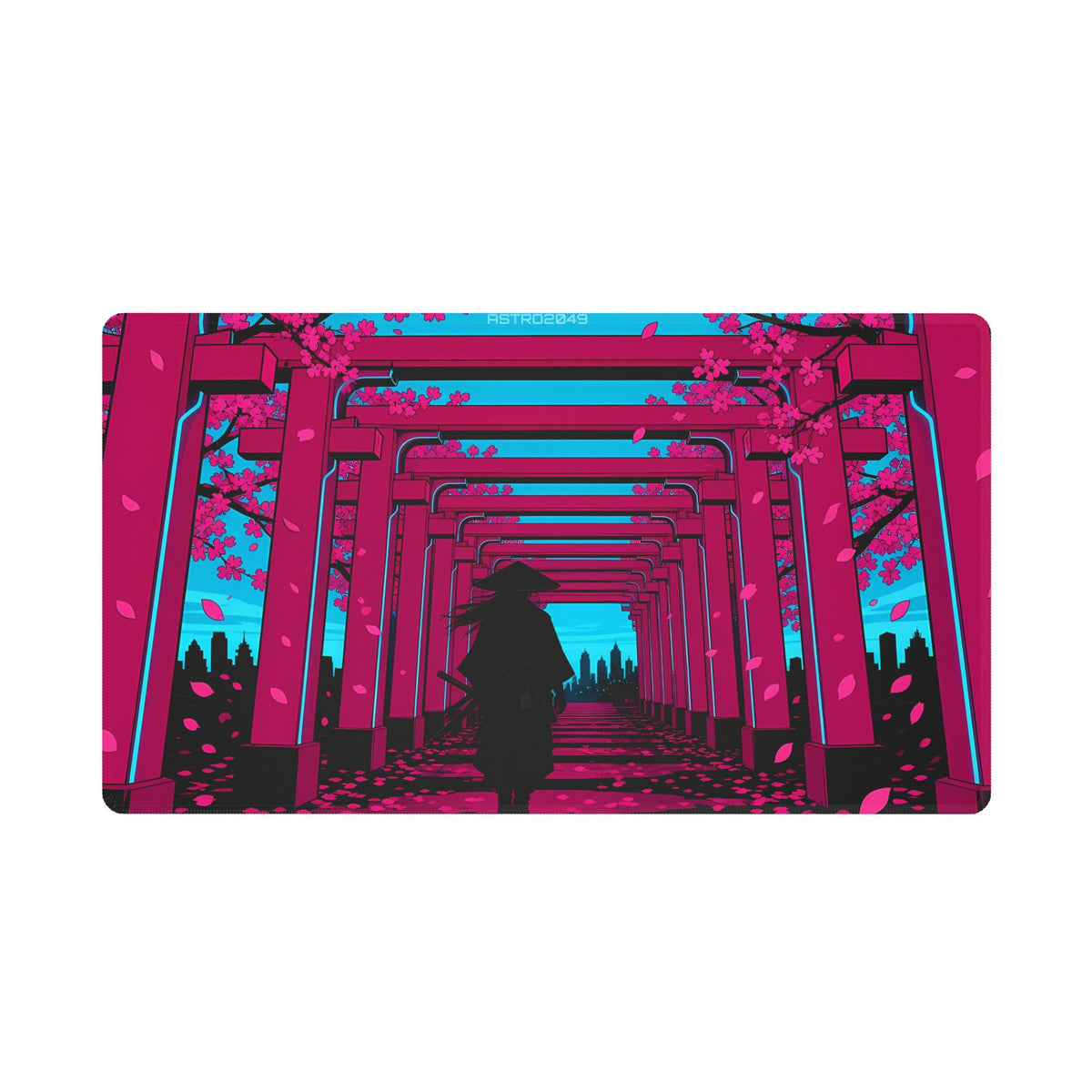 Anime-style samurai in a straw hat walking through a long tunnel of hot magenta torii gates with cherry blossoms and cyan light, desk mat by ASTRO2049