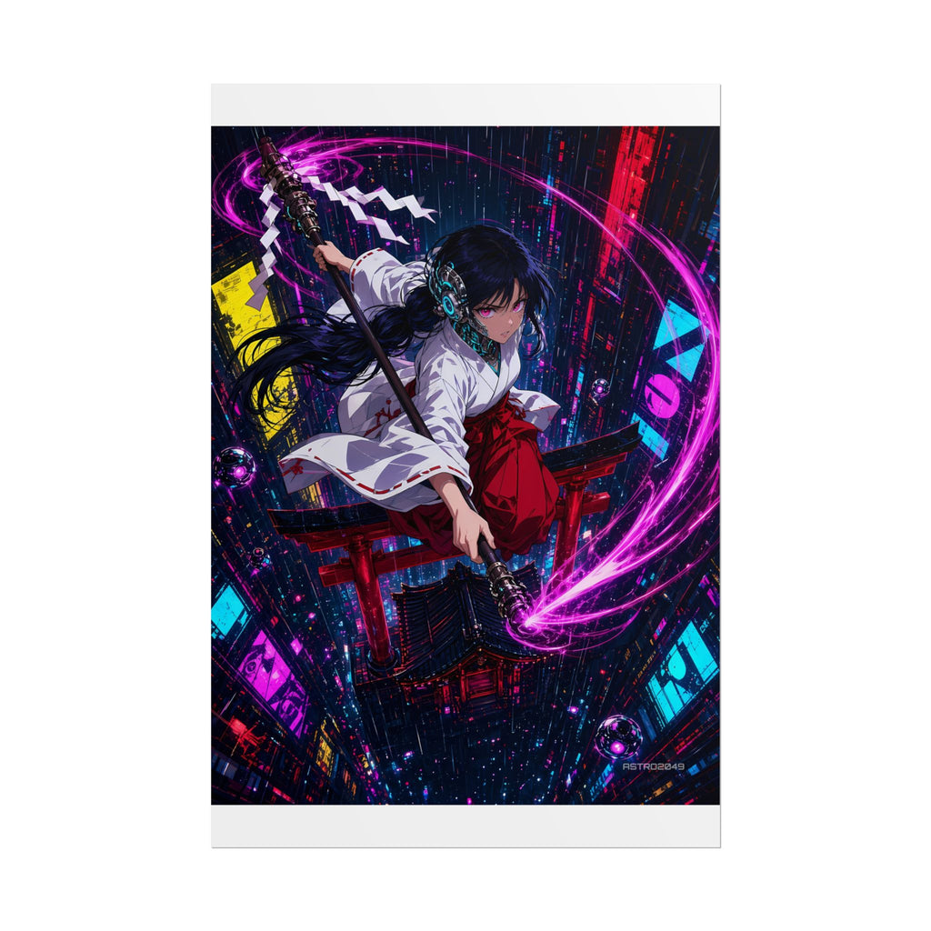 Vertical anime-style art of a cyber shrine maiden leaping with a glowing ceremonial staff above a red shrine gate and neon skyscrapers, poster by ASTRO2049