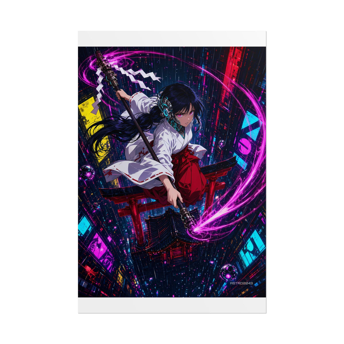 Vertical anime-style art of a cyber shrine maiden leaping with a glowing ceremonial staff above a red shrine gate and neon skyscrapers, poster by ASTRO2049