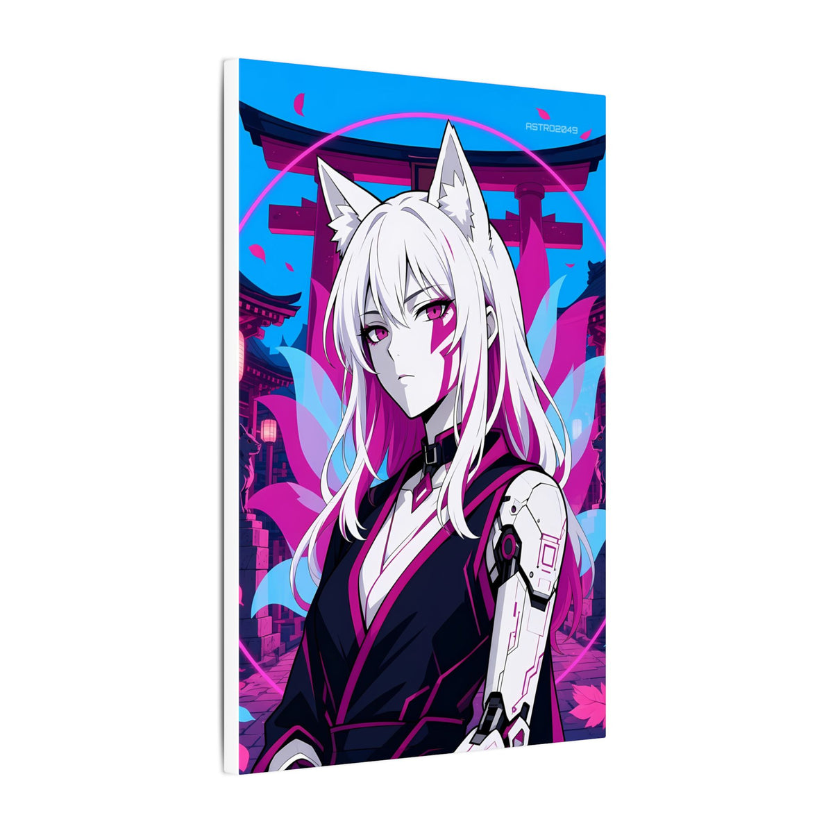 Cyber Kitsune Guardian canvas hanging above a dark gaming desk with neon lighting, view 6 of 8