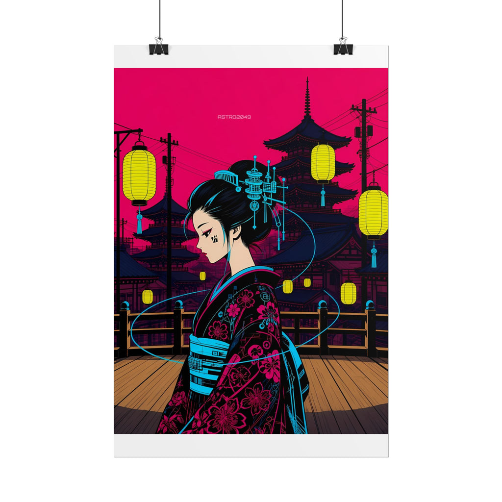 Lantern Bridge Geisha poster hanging above a dark gaming desk with neon lighting, view 3 of 8
