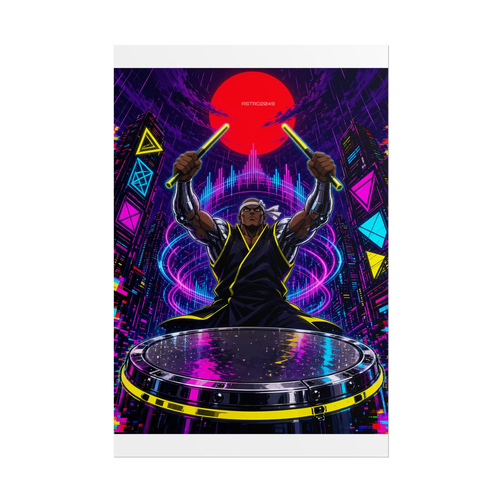 Vertical anime-style art of a taiko drummer with chrome arms raising two glowing sticks above a giant drum, neon sound-wave rings and a red sun between skyscrapers, poster by ASTRO2049