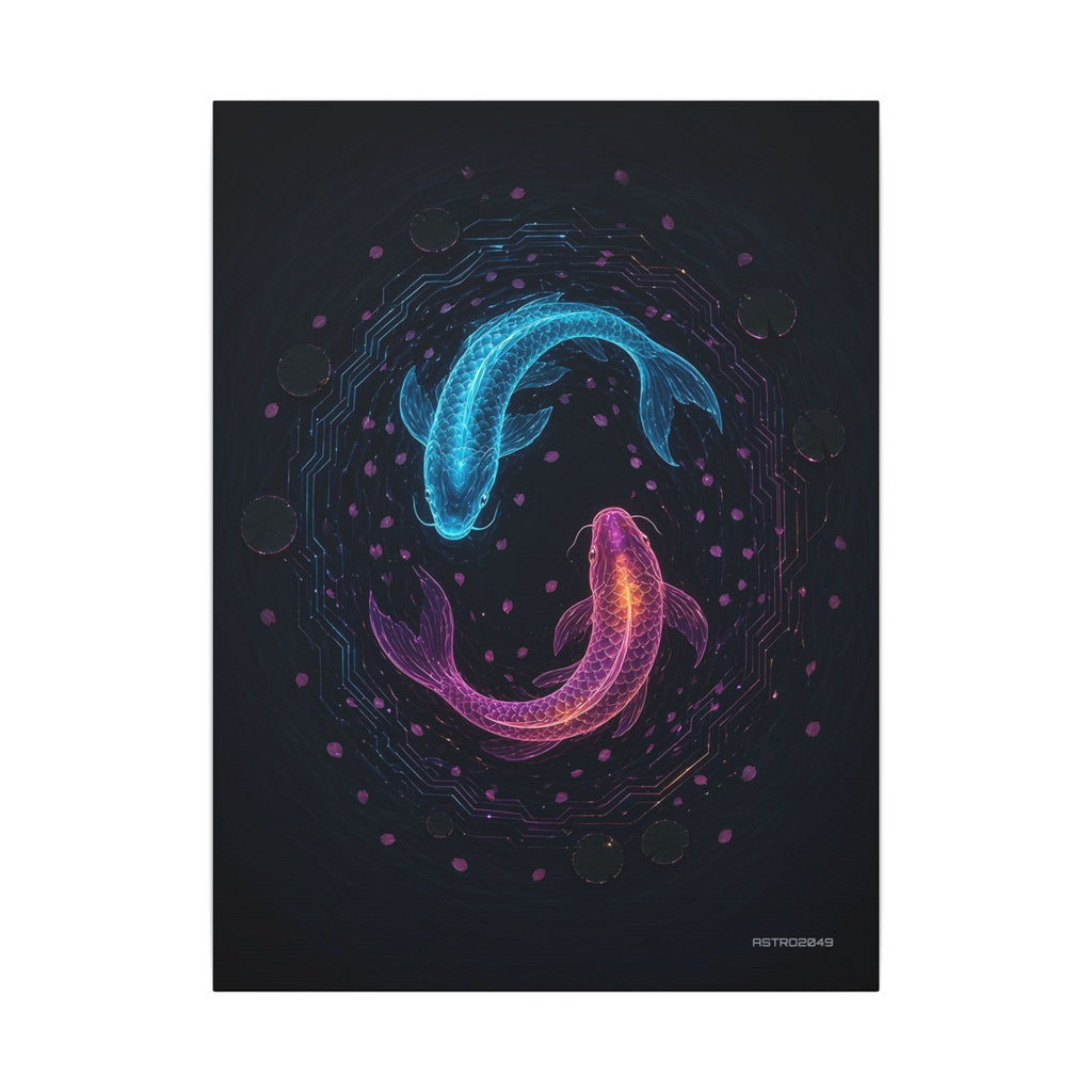 Circuit Koi canvas print, 18 x 24 in – two glowing cyber koi circling in a dark circuit pond, original cyberpunk art by ASTRO2049