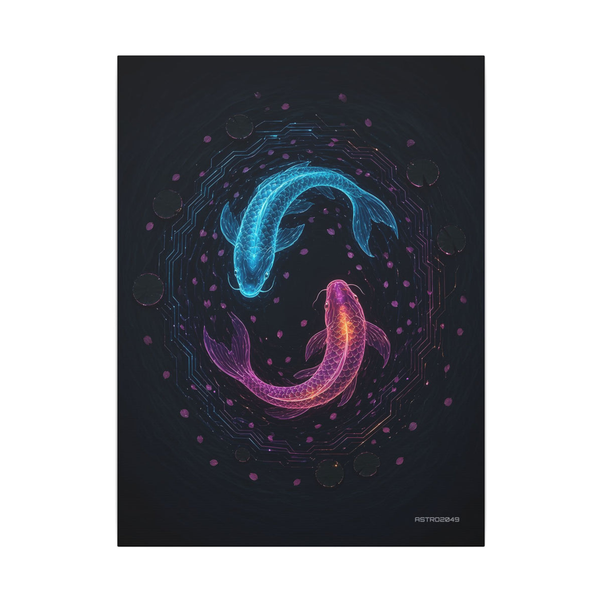 Circuit Koi canvas print, 18 x 24 in – two glowing cyber koi circling in a dark circuit pond, original cyberpunk art by ASTRO2049