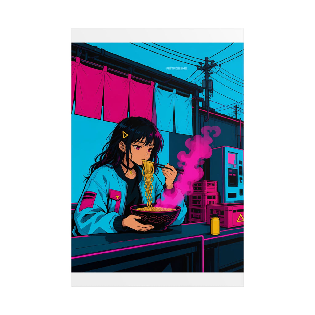 Vertical anime-style art of a black-haired girl eating noodles from a steaming bowl at a cyan and magenta street stall, poster by ASTRO2049
