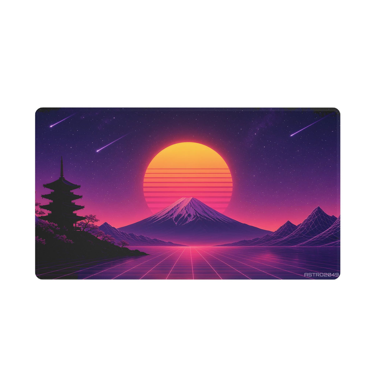 Sunset Pagoda Grid stitched edge desk mat, 24 x 14 in – a striped synthwave sun over a volcano and a pagoda, original retrowave art by ASTRO2049