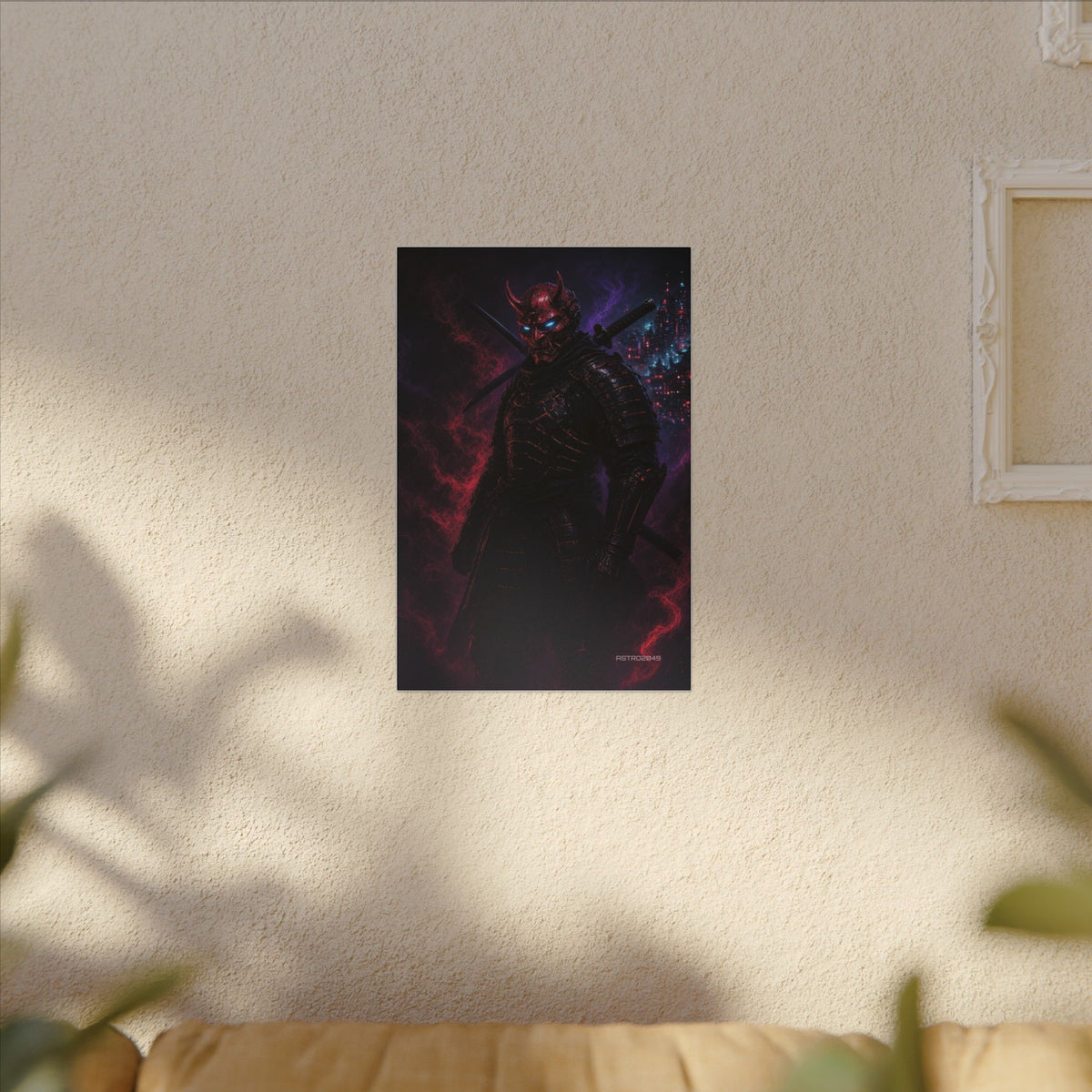 Oni Mask Ronin canvas hanging above a dark gaming desk with neon lighting, view 7 of 8