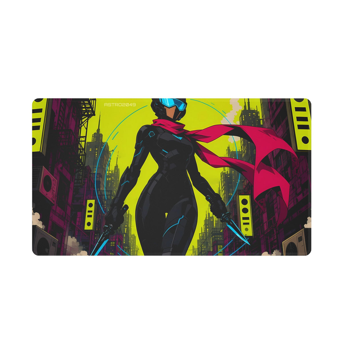 Anime-style cyborg ninja in a black bodysuit and cyan visor with a flowing magenta scarf and a blade walking through an acid-yellow neon alley full of signs and cables, desk mat by ASTRO2049