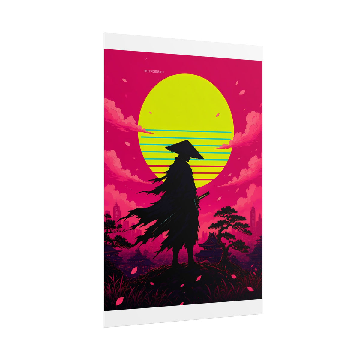 Retrowave Sun Ronin poster hanging above a dark gaming desk with neon lighting, view 4 of 8