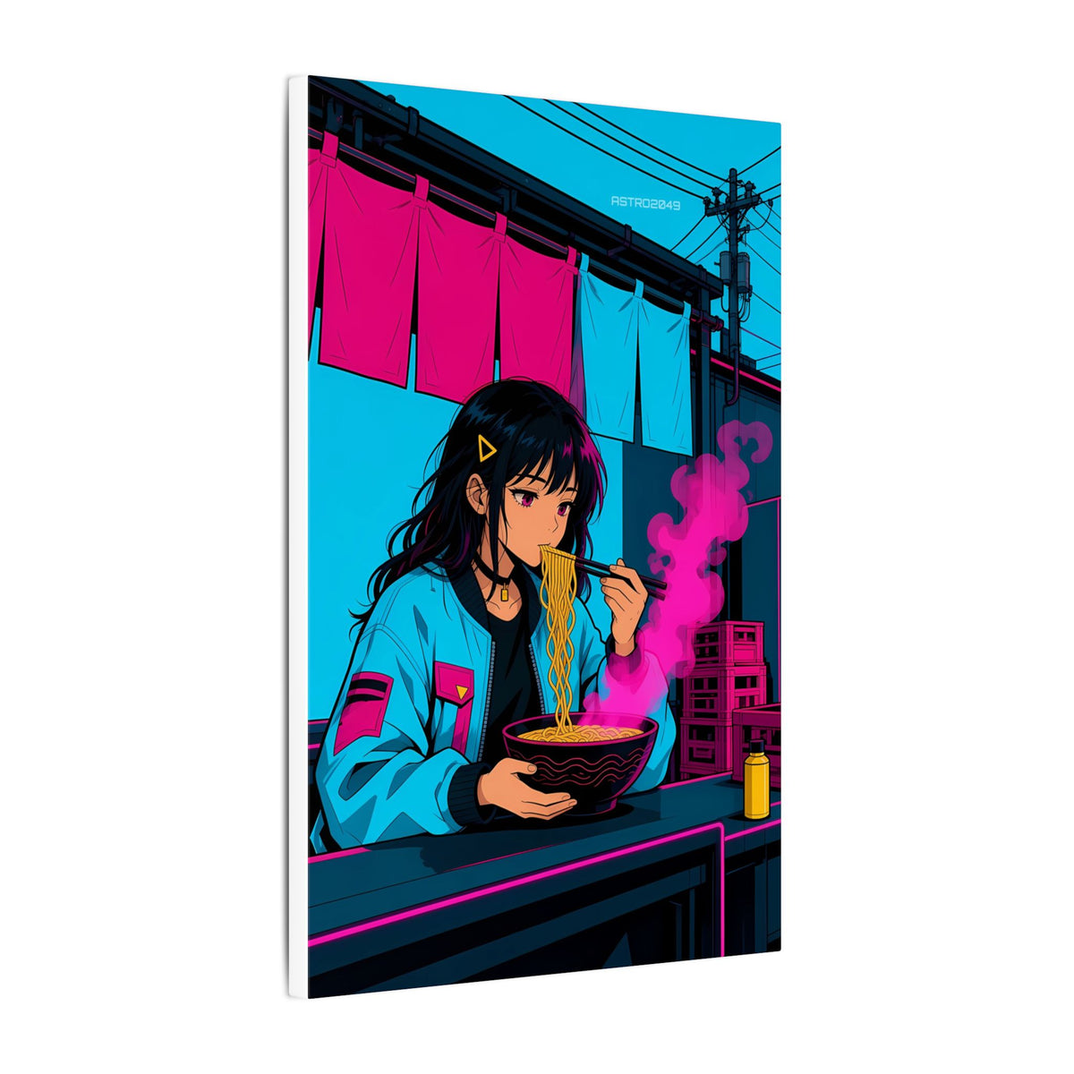 Ramen Stall Messenger canvas hanging above a dark gaming desk with neon lighting, view 6 of 8