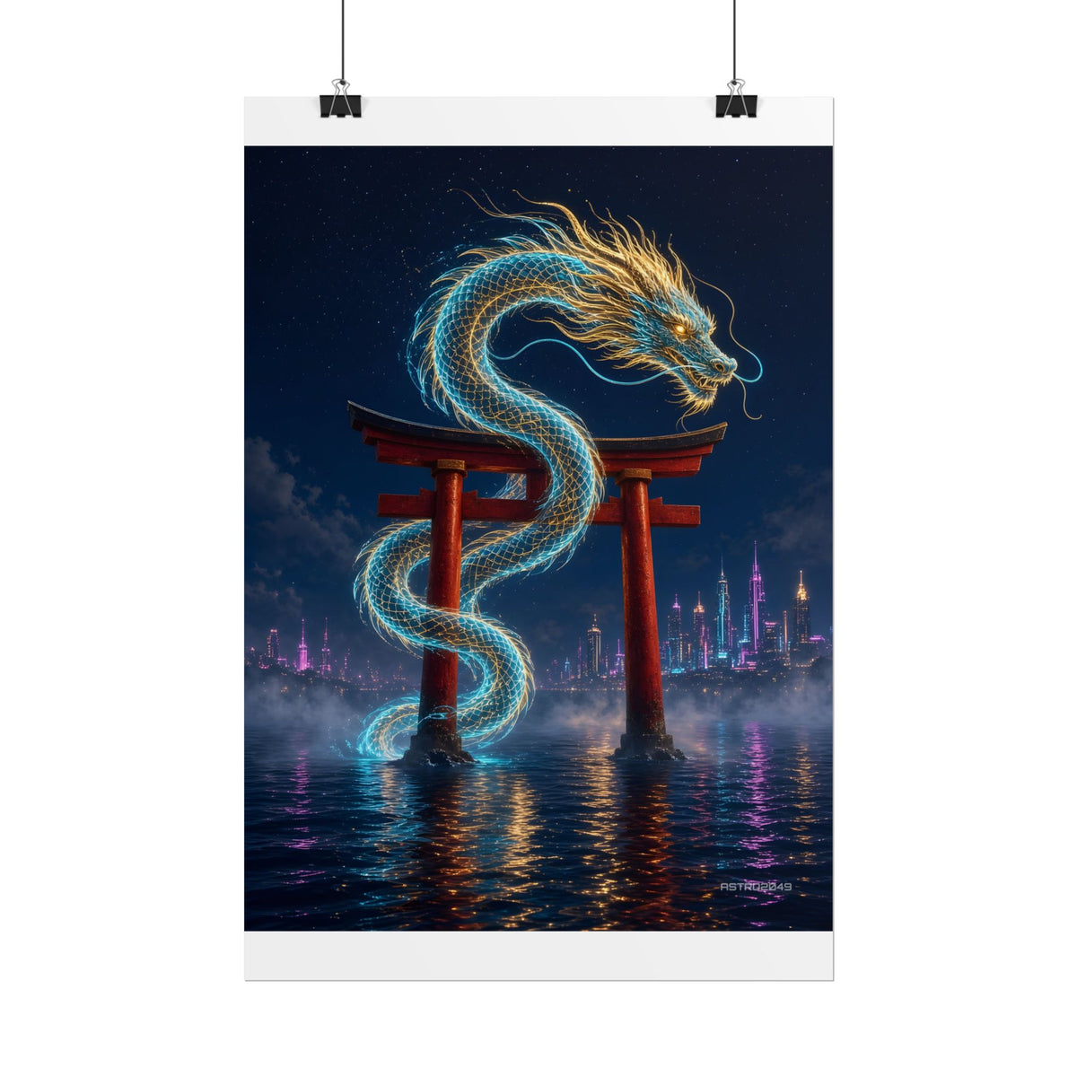 Tide Gate Dragon poster hanging above a dark gaming desk with neon lighting, view 3 of 8