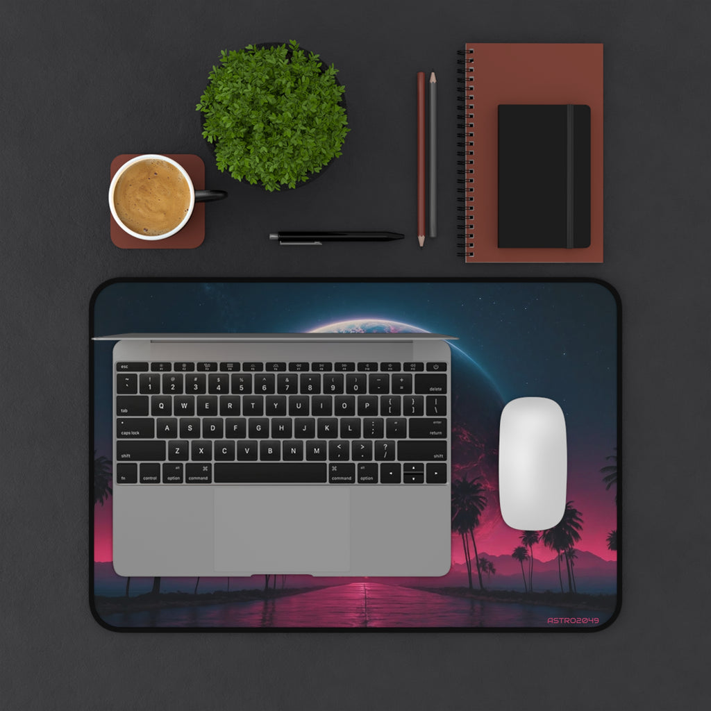 CYBERPUNK - RETROWAVE - Cosmic Oasis Desk Mat - Vibrant Gaming Pad, Office Decor, Gift for Space Lovers, Planet Themed
