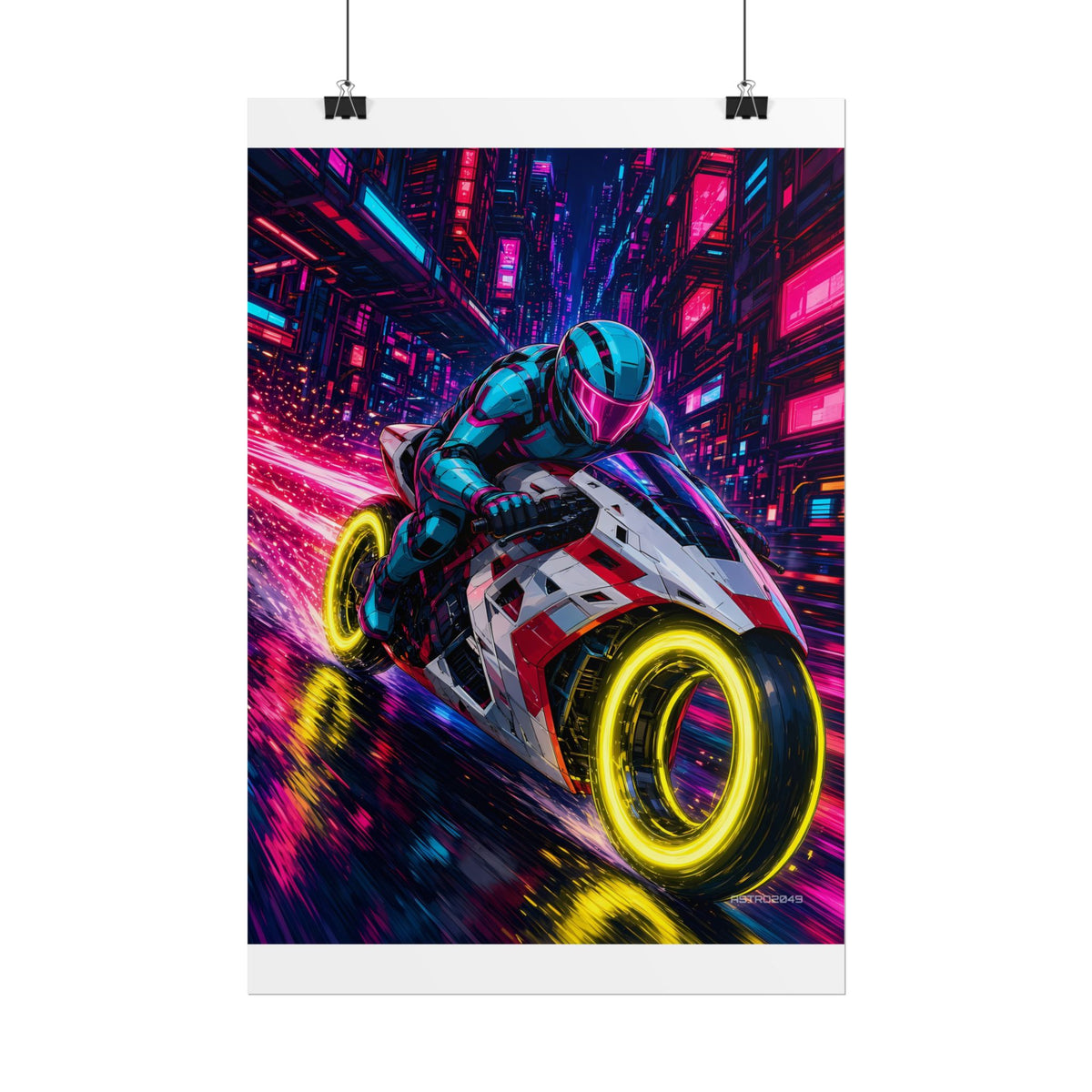 Hyperlane Rider poster hanging above a dark gaming desk with neon lighting, view 3 of 8