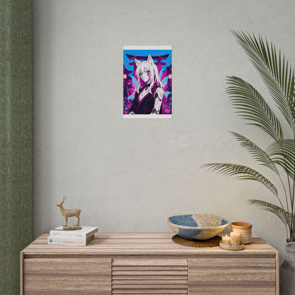 Cyber Kitsune Guardian poster hanging above a dark gaming desk with neon lighting, view 5 of 8