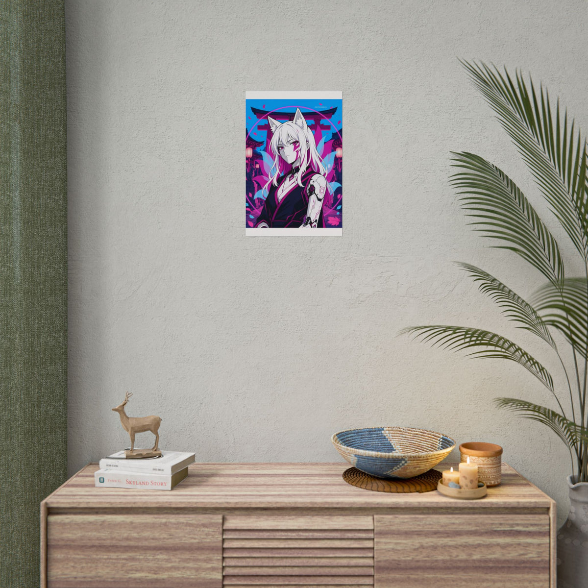 Cyber Kitsune Guardian poster hanging above a dark gaming desk with neon lighting, view 5 of 8