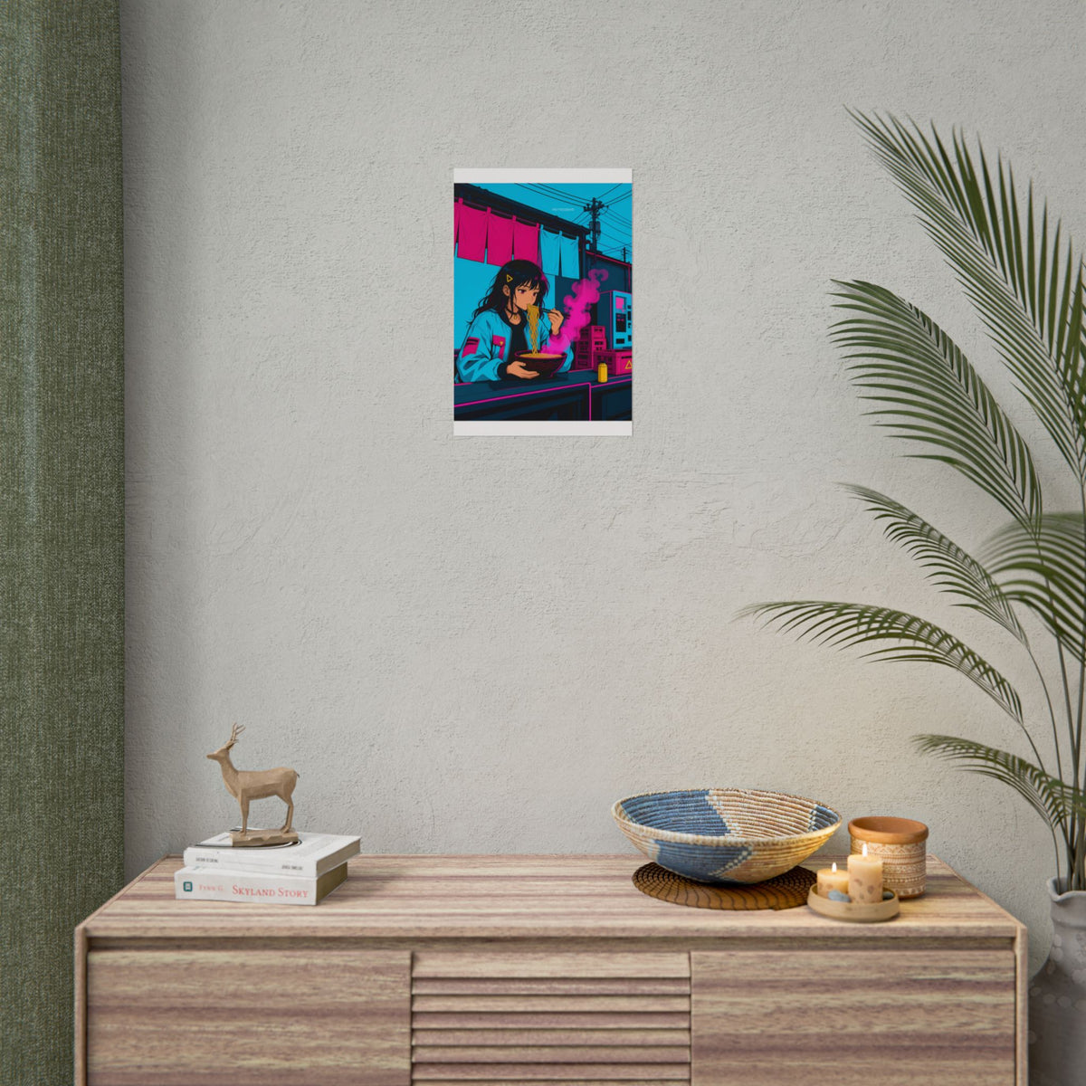Ramen Stall Messenger poster hanging above a dark gaming desk with neon lighting, view 5 of 8