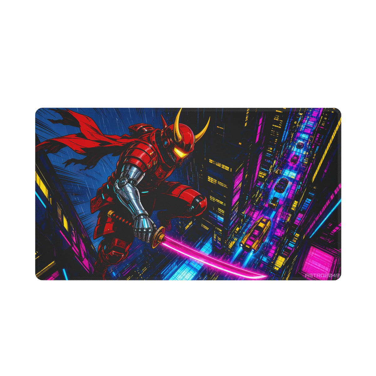 Anime-style cyber samurai in red armour with chrome arms and a glowing magenta katana leaping above a deep neon city canyon, desk mat by ASTRO2049