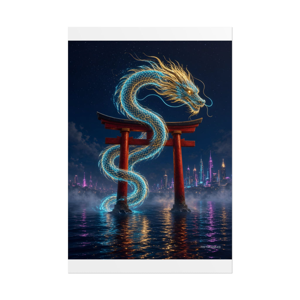 Vertical neon art of a luminous dragon wrapped around a vermilion torii gate in the sea under a night sky, poster by ASTRO2049