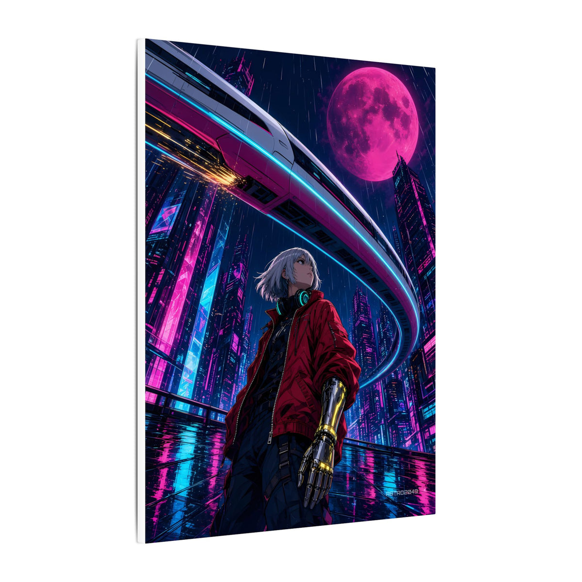Midnight Monorail canvas hanging above a dark gaming desk with neon lighting, view 3 of 8