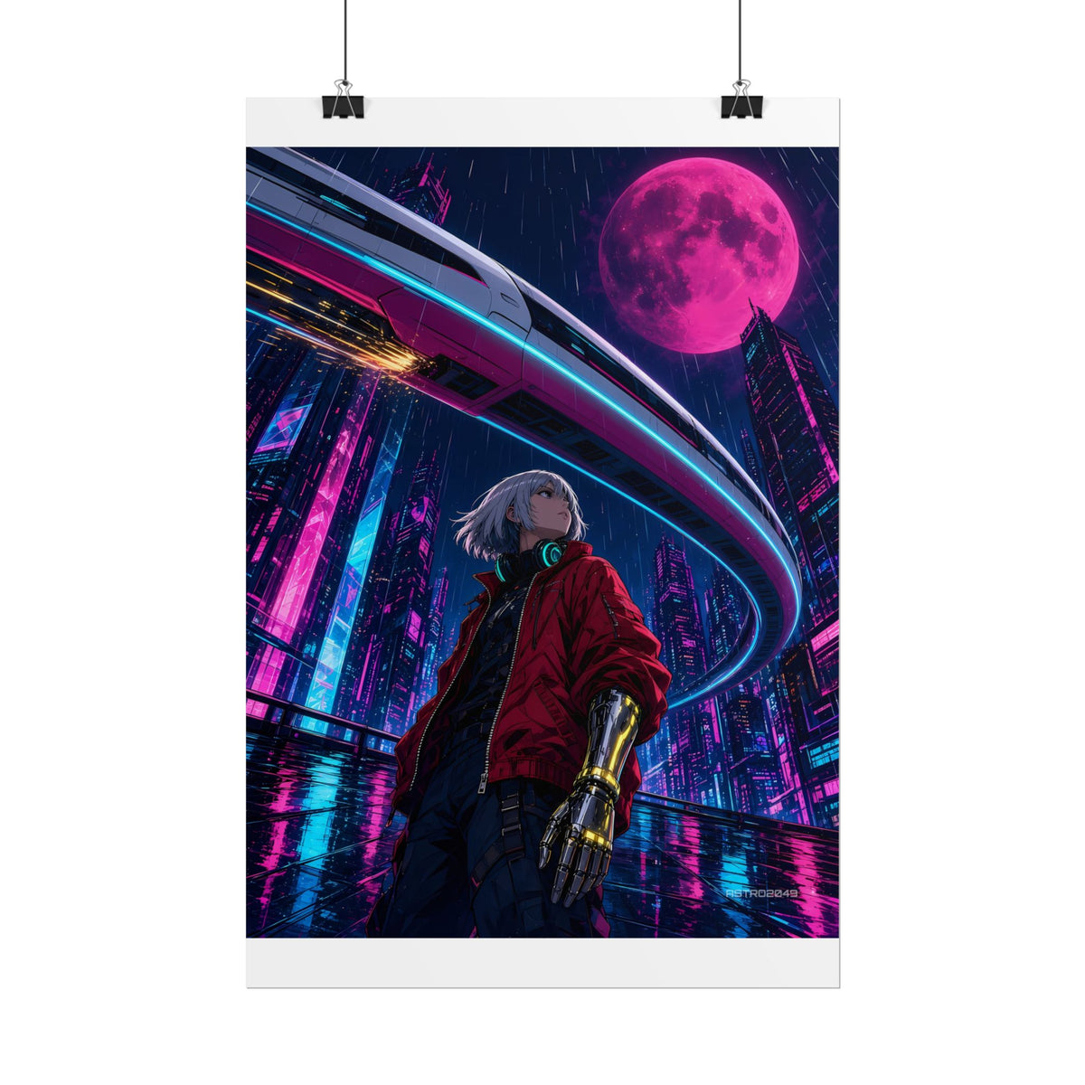Midnight Monorail poster hanging above a dark gaming desk with neon lighting, view 3 of 8