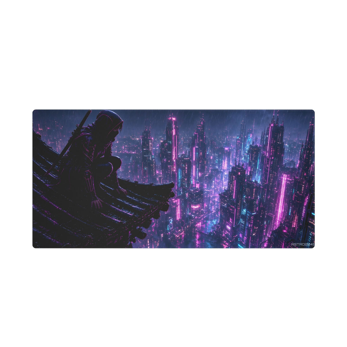 Neon Rooftop Kunoichi desk mat under a keyboard and mouse in a dark neon gaming setup – 48 x 24 in