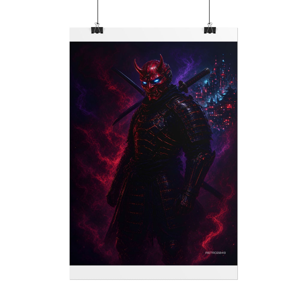 Oni Mask Ronin poster hanging above a dark gaming desk with neon lighting, view 3 of 8