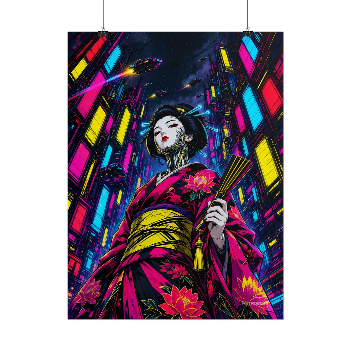 Chrome Lotus Geisha poster hanging above a dark gaming desk with neon lighting, view 6 of 8