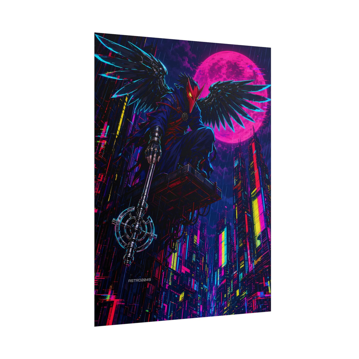 Chrome Tengu Sentinel poster hanging above a dark gaming desk with neon lighting, view 7 of 8