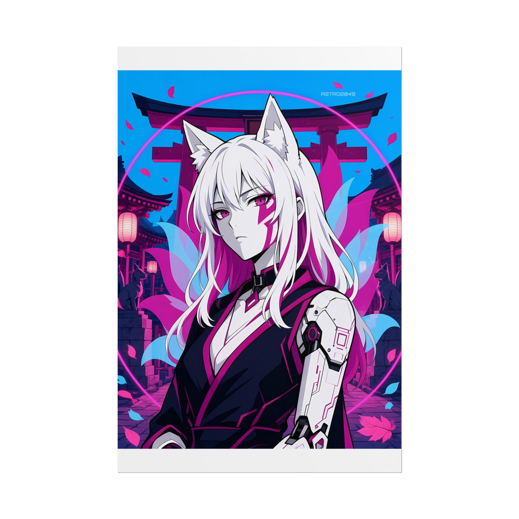 Vertical anime-style art of a white-haired fox-eared shrine guardian with a cybernetic arm under a torii gate with lanterns and falling petals, poster by ASTRO2049
